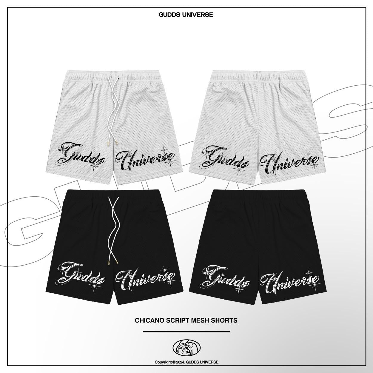 “CHICANO SCRIPT" MESH SHORTS